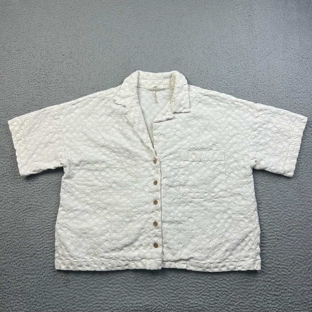 Free People Bowler Babe Camp Shirt Womens Ivory Textured Oversized Button Up S